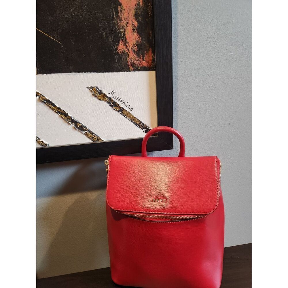 DKNY Red Leather Backpack with Top Handle And Gold Hardware